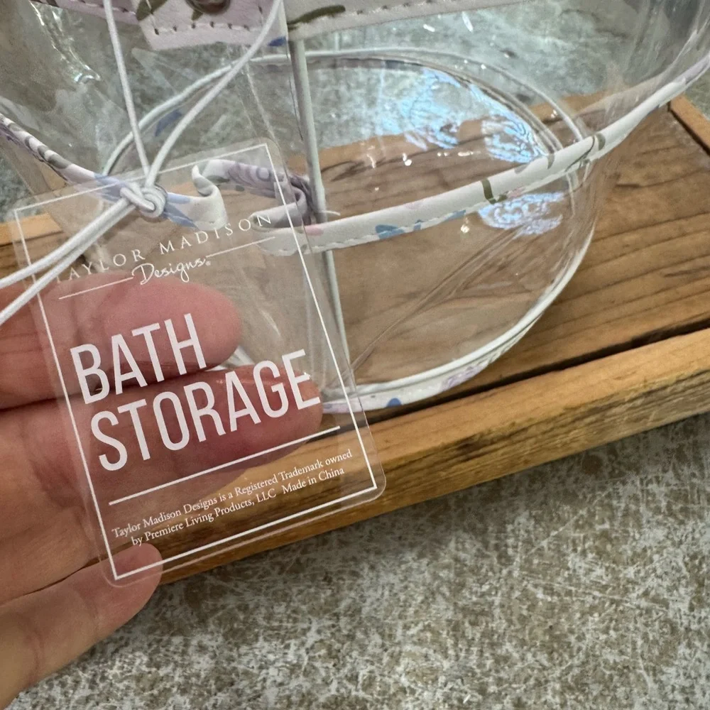 TAYLOR MADISON LARGE ROUND BLUE FLORAL PRINT VINYL BATH STORAGE ORGANIZER